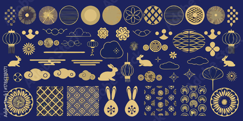 Collection of golden chinese new year and mid autumn festival decorative elements on a dark blue background