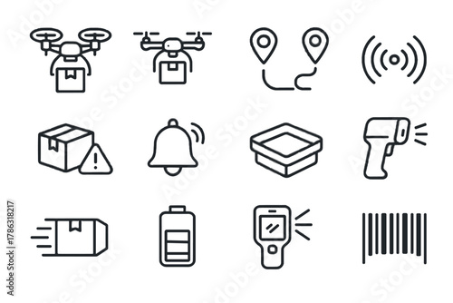 Scanning cargo pins nano icon vector drone micro lines parcels devices icons