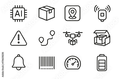 Tracker tag indicator bell icon vector package module drone ai notification tech