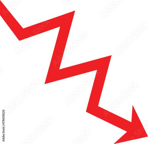 Red zigzag arrow pointing down on white background direction decline