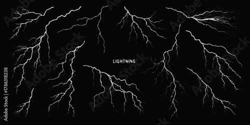 Collection of stylized white lightning bolts and thunder strikes on a black background