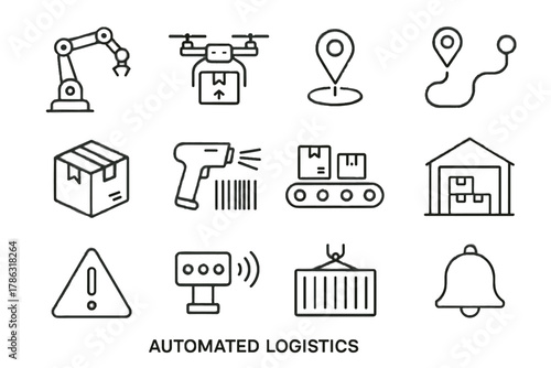Line automated sensor logistics route barcode vector icon cargo drone conveyor robot