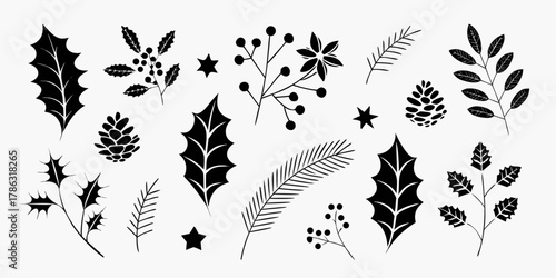 Collection of black silhouette christmas elements including holly pinecones fir branches and berries