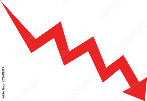 Red zigzag arrow pointing down on white background downward decline
