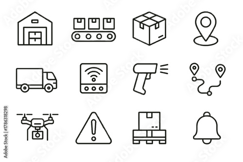 Icons belt pallet warehouse pin supply icon route map conveyor vector truck