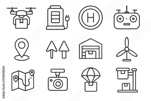 Icons camera parachute box drone icon charging route controller vector delivery remote