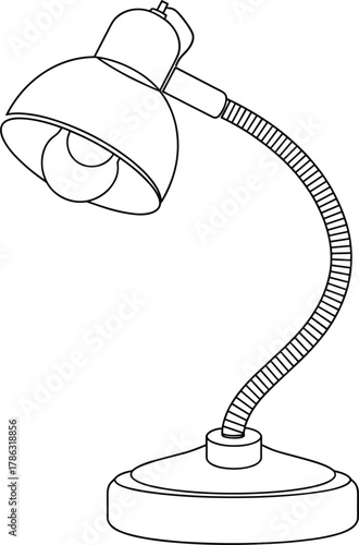 Black and white line drawing of a flexible arm desk lamp light lighting