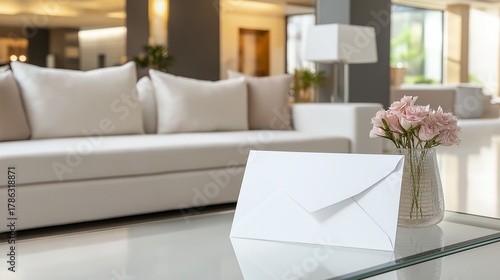Wallpaper Mural A white envelope placed on a clean, modern glass table, with a soft focus background of a contemporary living room filled with minimalistic furniture Torontodigital.ca