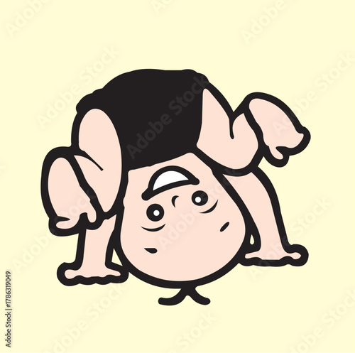 Vector image design of a cartoon animated costume of a toddler doing a somersault and smiling cutely, very suitable to be used as an emoticon, or even as a picture on a t-shirt