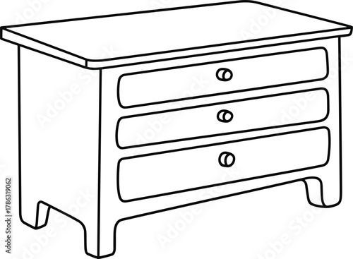 Foto Black and white line drawing of a three-drawer nightstand dresser furniture