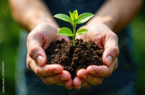 Image of hands holding earth with plant. Earth Day. High quality photo