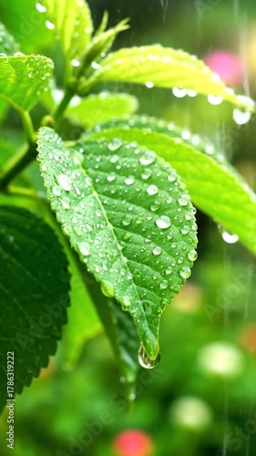 Close up of vibrant green leaf covered in fresh water droplets