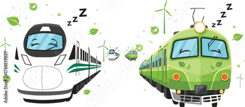 Flat vector cartoon eco-friendly trains sleeping, green transportation, sustainable travel, environmental energy, wind turbines, leaves, electric rail, cute illustration