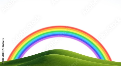 Vibrant rainbow arching over lush green rolling hills against a clean white background