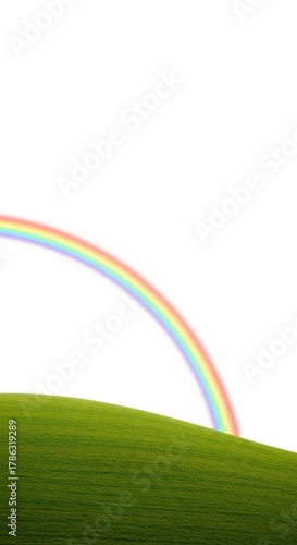 Vibrant rainbow arches gracefully over a lush green grassy hill against a clean white background
