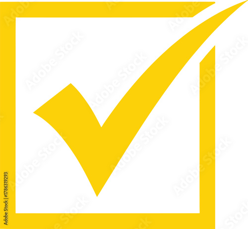 Yellow check mark inside a square frame on white background tick correct
