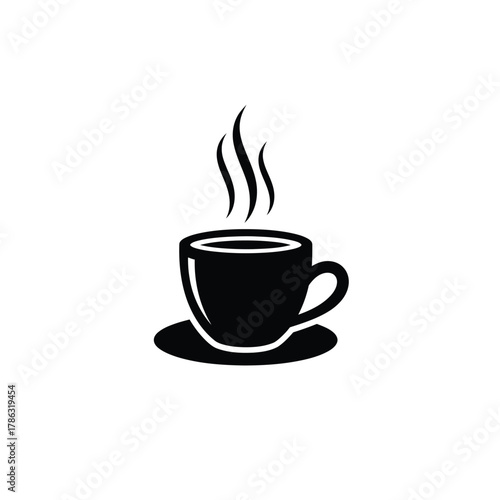 Black coffee cup with steam on saucer white