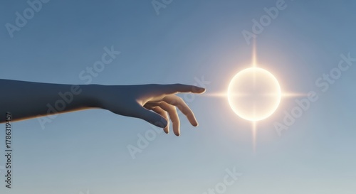 Human hand reaching out towards a glowing ethereal orb of light against a clear blue sky background