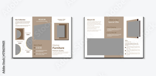 Modern home furniture and decor trifold brochure template showcasing stylish interior design collections, special offers, and company information for business promotion.