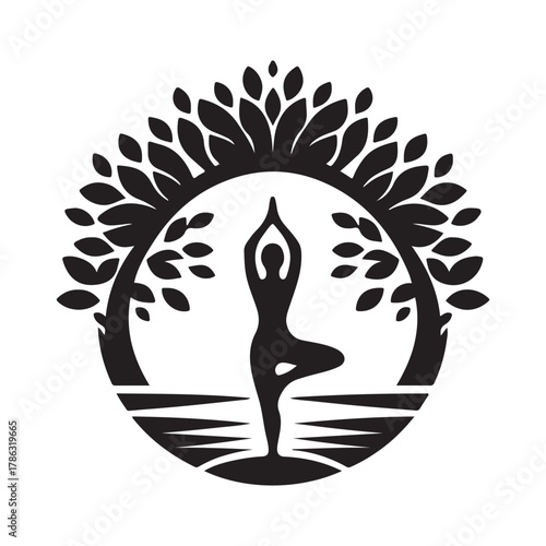 Sunrise Yoga Tree Pose vector silhouette outline logo design concept illustration