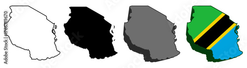 set vector tanzania flag in map icon. Detailed tanzania map silhouette. 3D isometric tanzania map symbol design template illustration