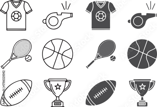 Sports icon set | trophy, football, whistle, basketball, tennis vector illustration