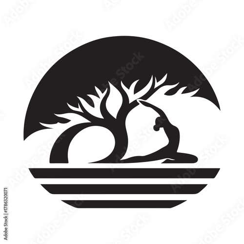 Sunrise Yoga Tree Pose vector silhouette outline logo design concept illustration