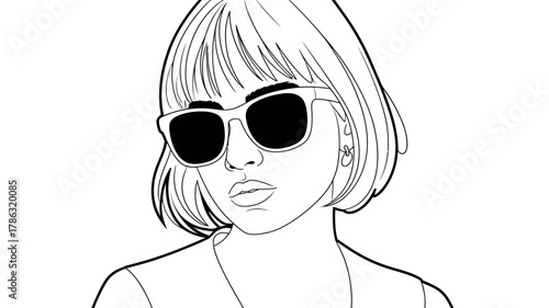 Stylish woman with bob haircut and sunglasses in sketch style