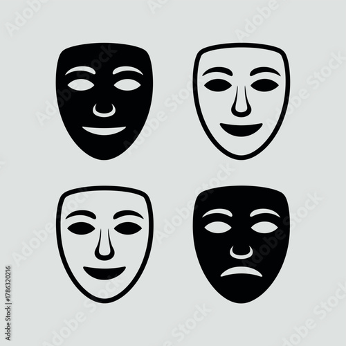 Four theatrical masks representing joy and sadness in black and white