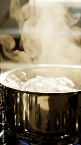 Cooking food in pot with steam indoors close up