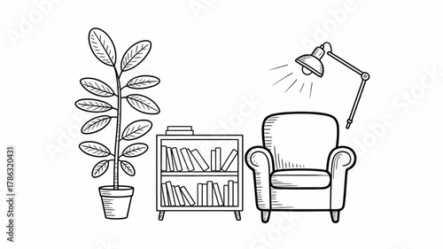 Cozy reading corner with armchair bookshelf and plant illustration