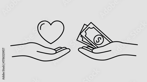 Hands exchanging a heart symbol for money in a simple line art illustration