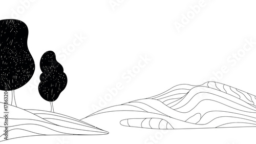 Stylized black trees and rolling hills in a minimalist line drawing