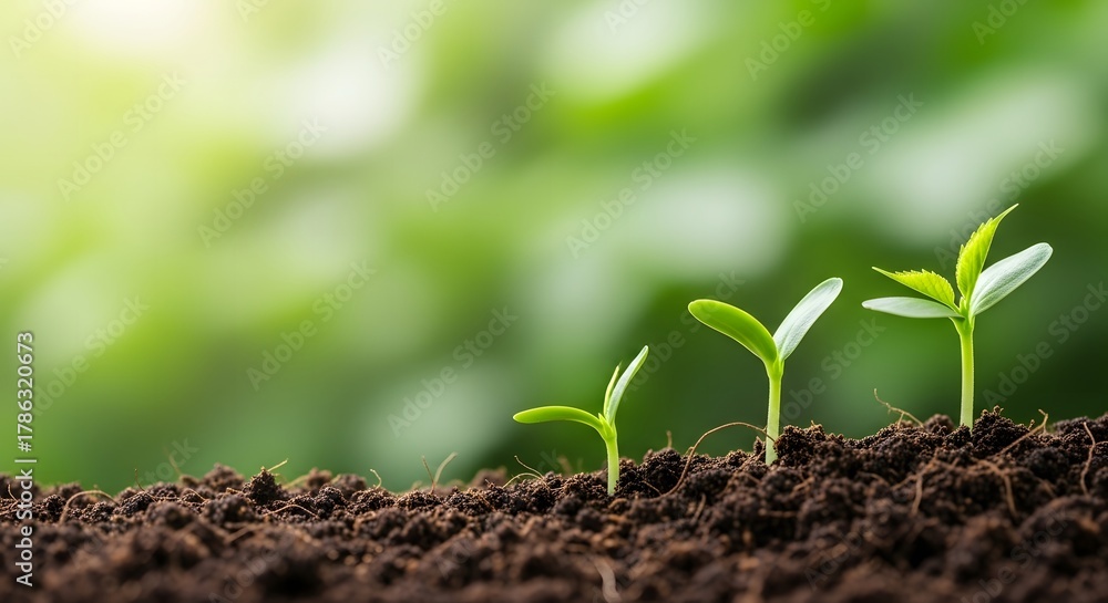 Fototapeta premium Three young green seedlings growing in rich dark soil with soft green foliage background