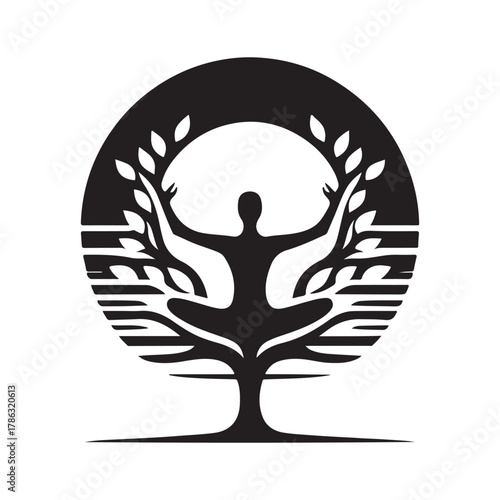 Sunrise Yoga Tree Pose vector silhouette outline logo design concept illustration
