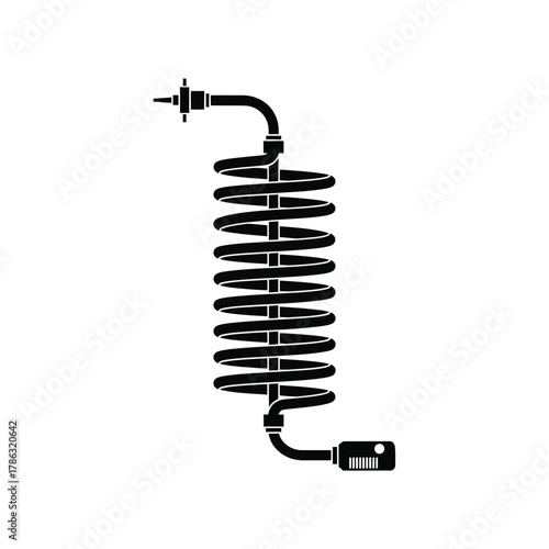 Black coiled pipe with connectors on white background