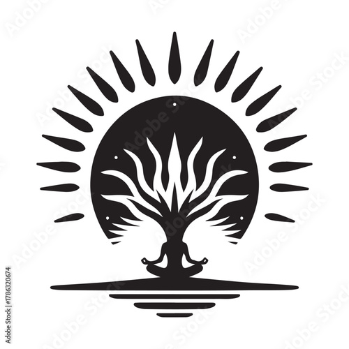 Sunrise Yoga Tree Pose vector silhouette outline logo design concept illustration