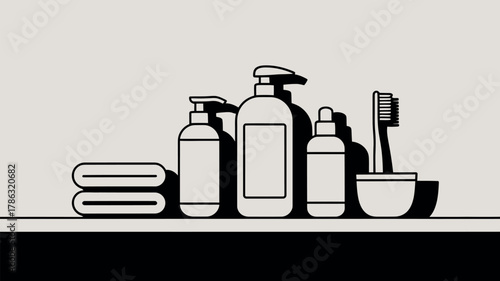 Minimalist bathroom set with soap lotion and toothbrush on a shelf