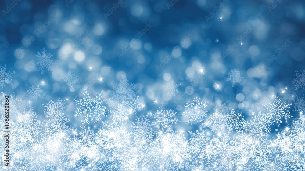 Fototapeta premium Commercial high-resolution photo of abstract blue winter background with snowflakes and bokeh lights.