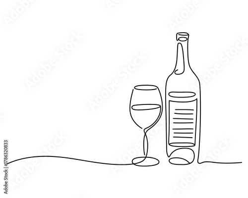 Minimalist single line drawing of a wine bottle and glass