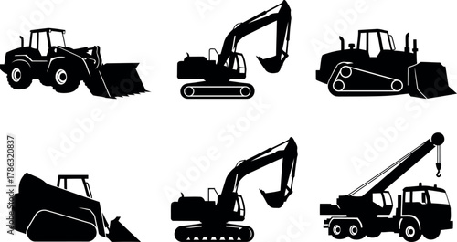 Construction vehicles silhouette set. excavators, bulldozers, wheel loader, skid steer, mobile crane vectors