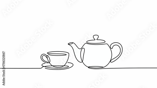 Minimalist continuous line drawing of a teapot and teacup on a saucer