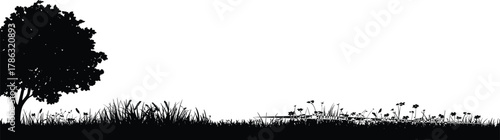 Tree and grass silhouettes, natural landscape, black shapes, wild vegetation, botanical scene, nature illustration, outdoor texture, silhouette art, rural design, foliage detail