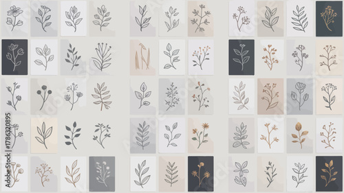 Collection of delicate hand drawn botanical illustrations and floral elements