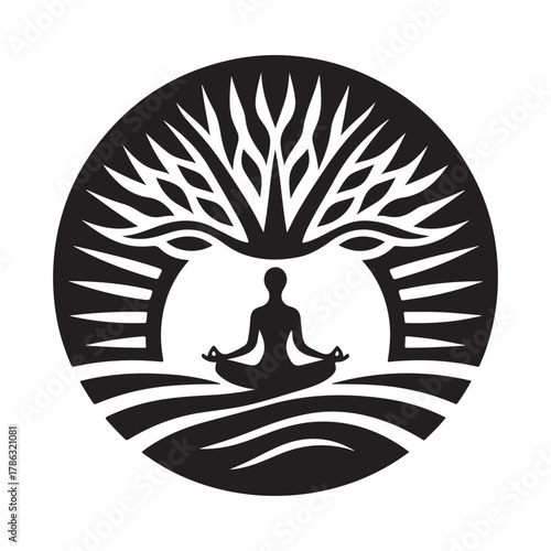 Sunrise Yoga Tree Pose vector silhouette outline logo design concept illustration