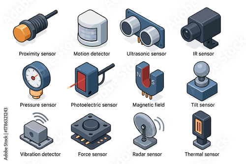 Radar ultrasonic vibration vector force sensor automation ir field icons magnetic icon