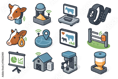 Icon body location weighing cattle grazing livestock climate dispenser automated vector smart