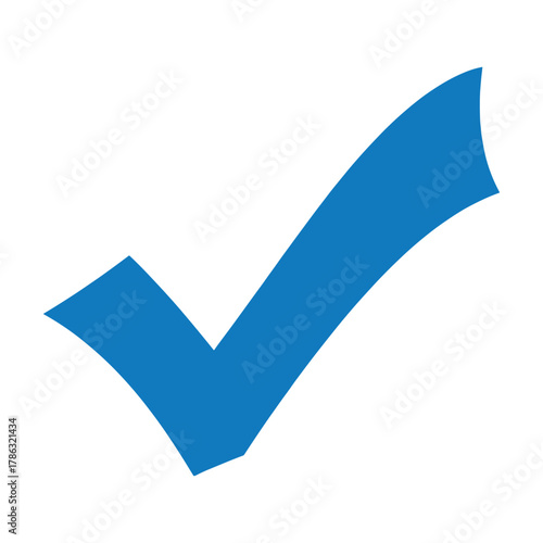 Blue check mark symbol on white background with curved stroke sign correct