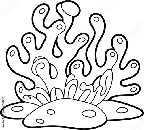 Outline drawing of colorful coral reef elements with bubbles on a white background underwater