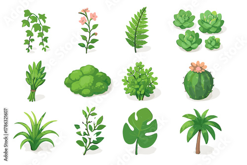 Bunch icons patch plant vector isometric succulents icon flowering garden small vine